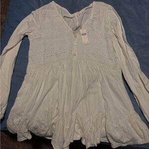 Anthropologie Cream Lace-Trimmed Blouse